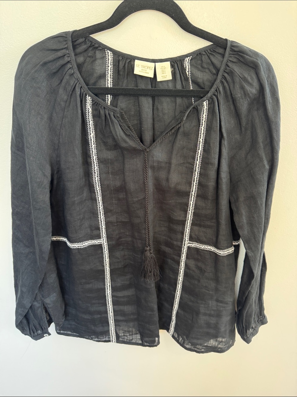 NWOT St Tropez 100% linen black white boho lagenlook long sleeve top size Small